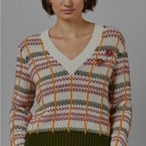 Ted Baker London Cream V-Neck Sweater with Colorful Plaid Design